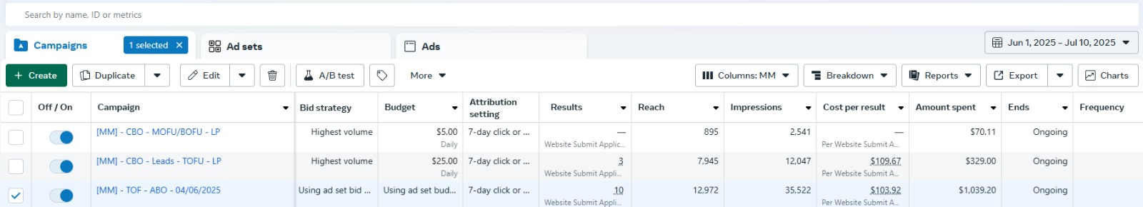 Results screenshot 1 - live Facebook Ads dashboard