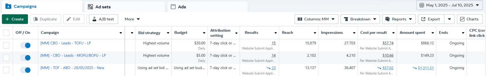 Results screenshot 2 - live Facebook Ads dashboard