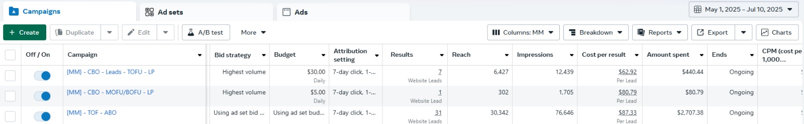 Results screenshot 5 - live Facebook Ads dashboard